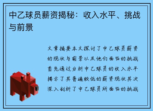 中乙球员薪资揭秘：收入水平、挑战与前景