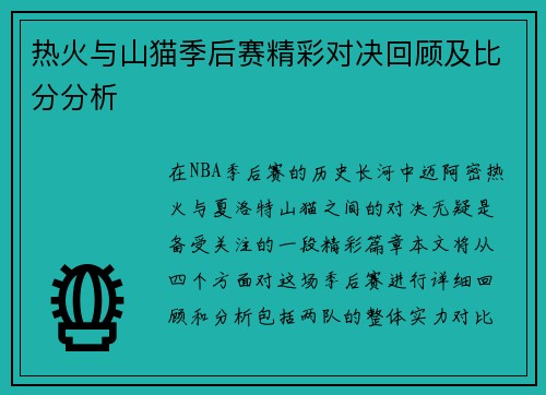 热火与山猫季后赛精彩对决回顾及比分分析