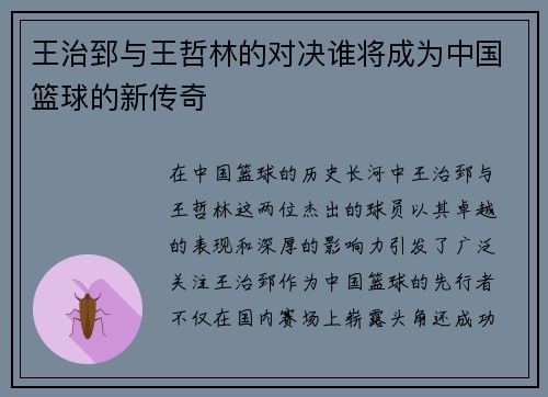 王治郅与王哲林的对决谁将成为中国篮球的新传奇