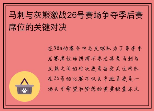 马刺与灰熊激战26号赛场争夺季后赛席位的关键对决